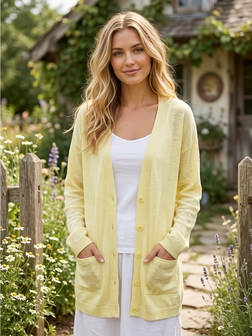VICTORIAโS SECRET Yellow Linen Blend Button Front Pocket Cardigan Sweater M